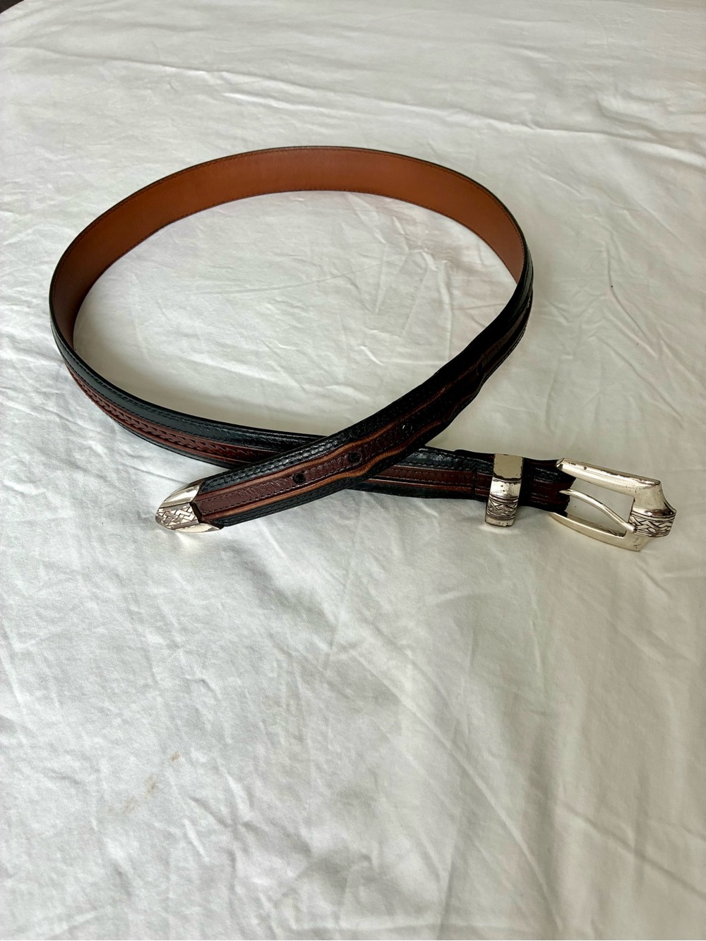 Onyx by Brighton Brown and Black Leather Belt with Silver Hardware